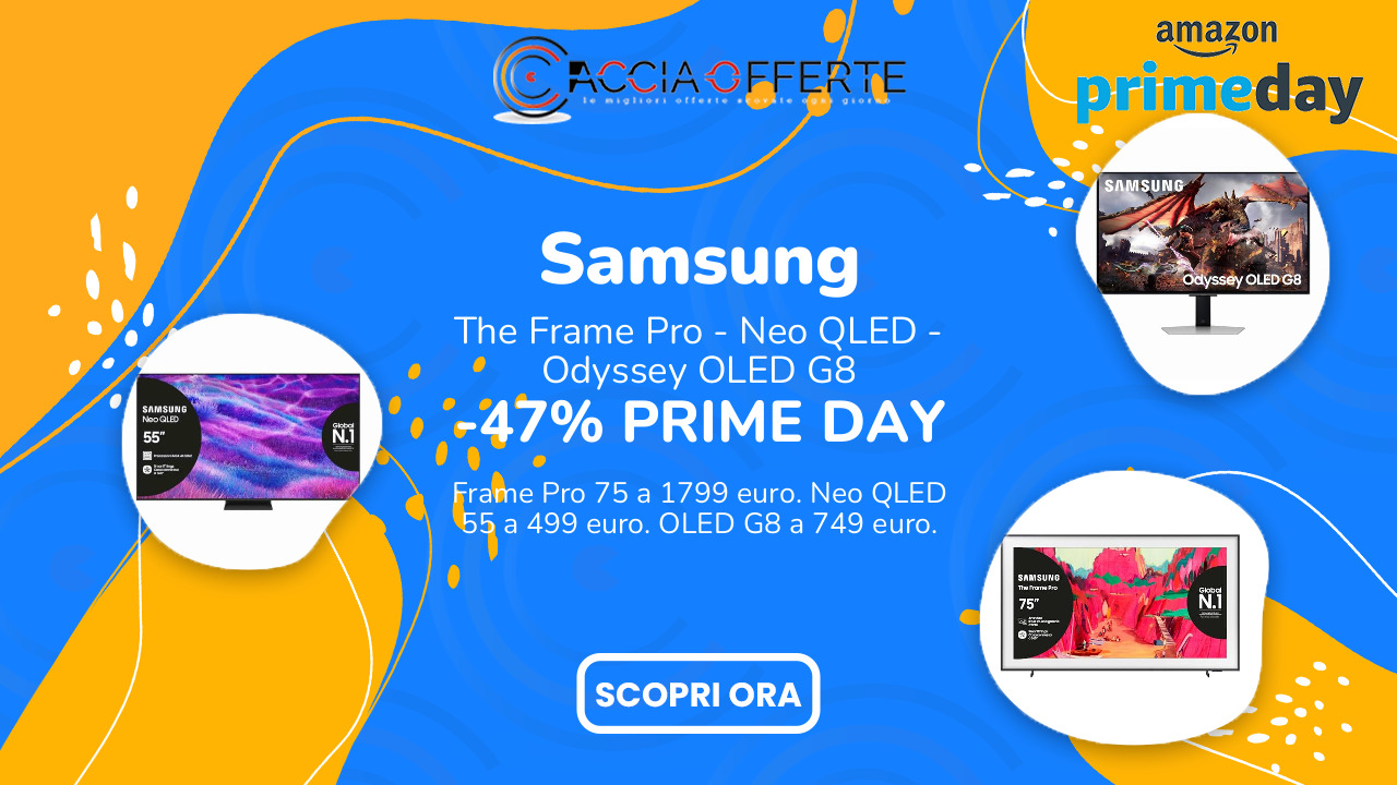 Samsung TV e Monitor in offerta Prime Day 2026: Frame Pro 75" a 1.799€, Neo QLED 55" a 499€, OLED G8 al minimo storico